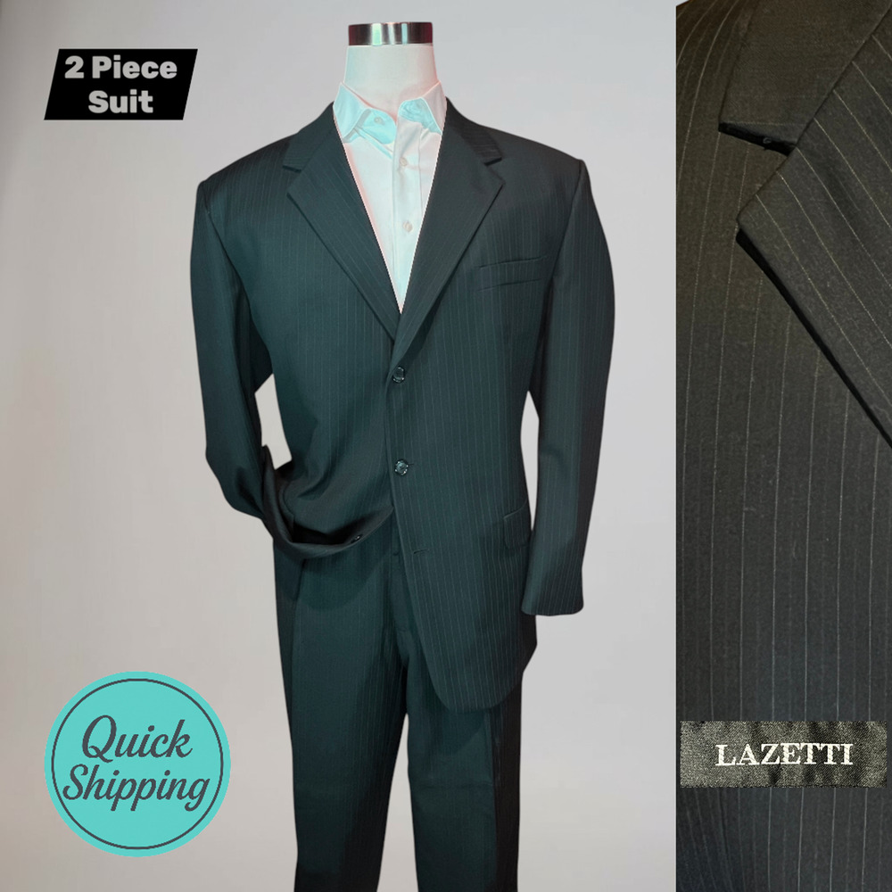 Vintage Lazetti 48L 42x31 Roma Black Ghost Dashed Stripe Suit Super 120s